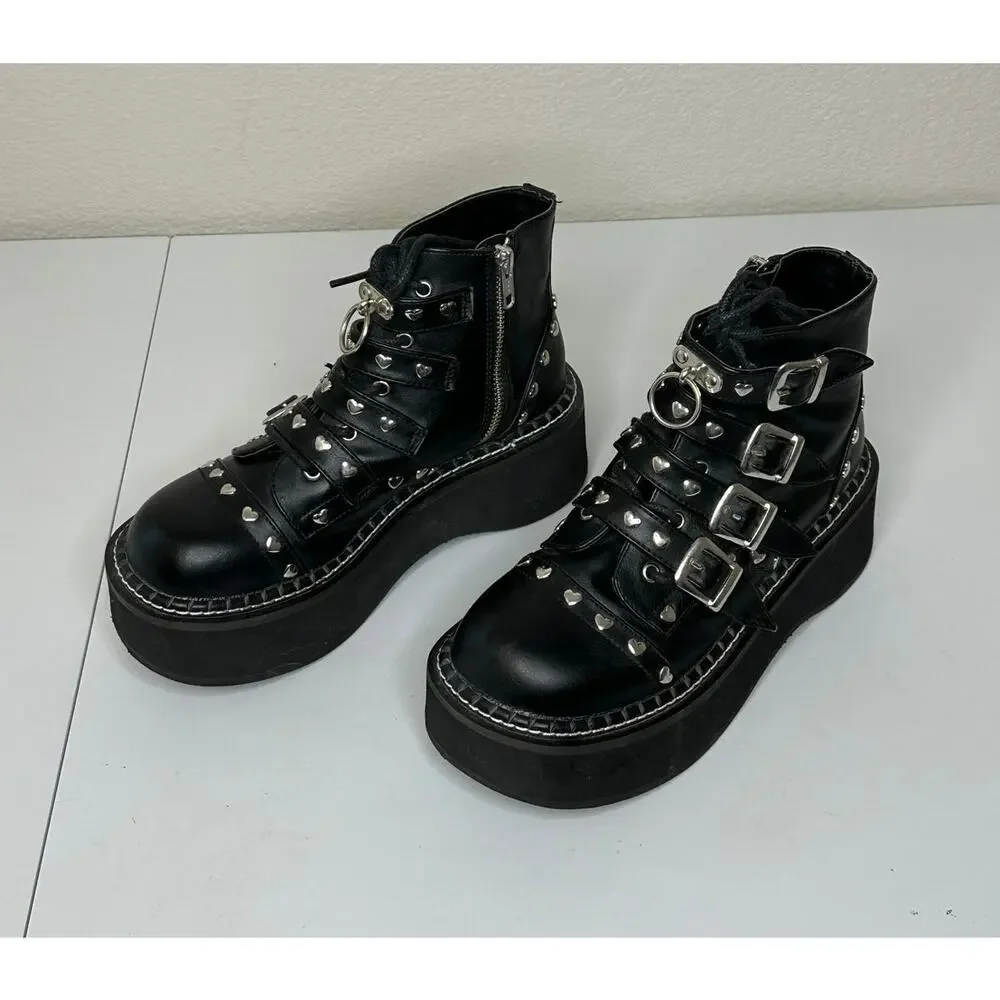 Demonia Emily 315 Boots Womens 7 Black Platform Heart Studs Buckle Strap Lace Up